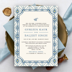 Blue Cream Ivory Ikat Anand Karaj Sikh Wedding Kaart