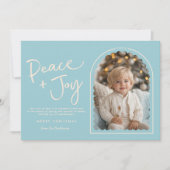 Blue Cream Modern Arch Peace Joy Foto van Kerstmis Feestdagenkaart (Voorkant)