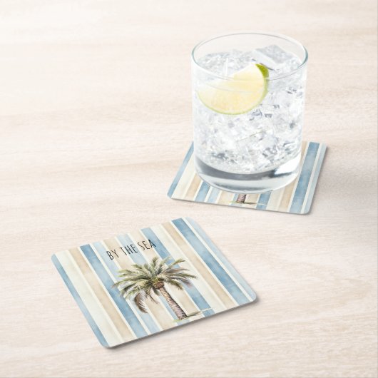 Blue Cream Stripes Tropical Palm Tree Kartonnen Onderzetters (Insitu)