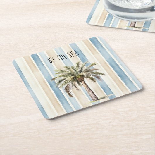 Blue Cream Stripes Tropical Palm Tree Kartonnen Onderzetters (Schuin)