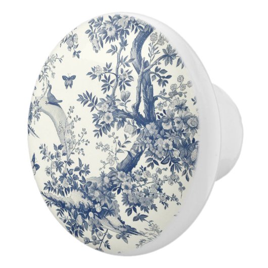 Blue Cream Toile Flowering Branch Keramische Knop (Rechts)