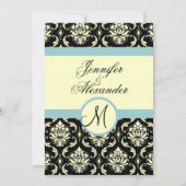 Blue Cream Wedding Monogram Damask Uitnodiging (Voorkant)