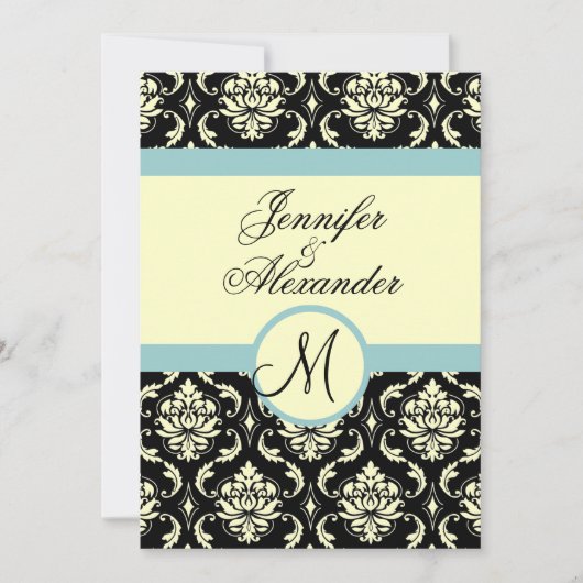 Blue Cream Wedding Monogram Damask Uitnodiging (Voorkant)