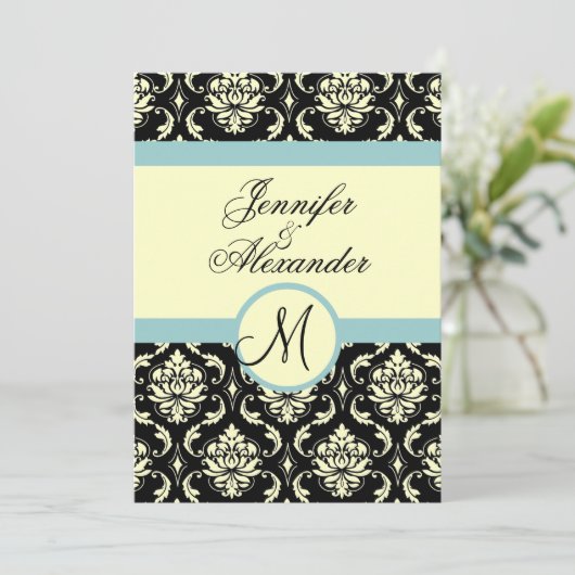 Blue Cream Wedding Monogram Damask Uitnodiging (Staand voorkant)