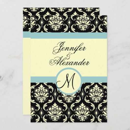 Blue Cream Wedding Monogram Damask Uitnodiging (Voorkant / Achterkant)