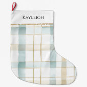 Blue Cream White Plaid Christmas Gold Glitter Grote Kerstsok (Voorkant)