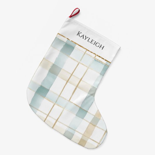 Blue Cream White Plaid Christmas Gold Glitter Grote Kerstsok (Voorkant (Hangend))