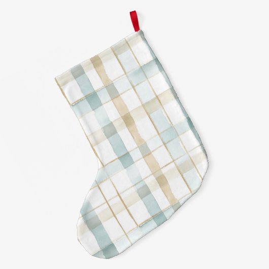 Blue Cream White Plaid Christmas Grote Kerstsok (Achterkant (Hangend))