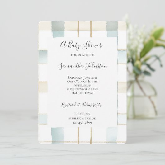 Blue Cream White Plaid Stripes Baby shower Kaart (Staand voorkant)