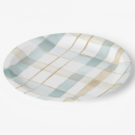 Blue Cream White Plaid Stripes Birthday Papieren Bordje (Gekanteld)