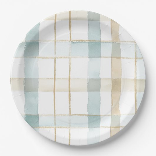 Blue Cream White Plaid Stripes Birthday Papieren Bordje (Voorkant)