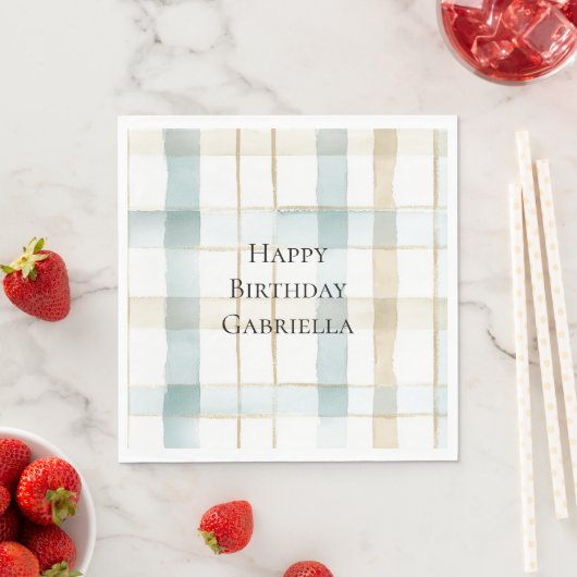 Blue Cream White Plaid Stripes Birthday Servet (Insitu)