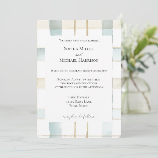 Blue Cream White Plaid Stripes Wedding Kaart (Staand voorkant)