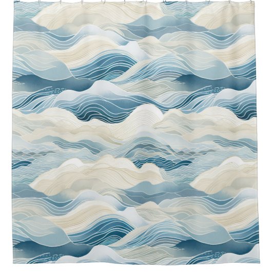 Blue Cream Zee Zand Ocean Waves Douchegordijn (Voorkant)