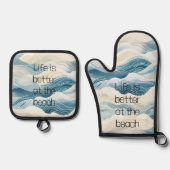 Blue Cream Zee Zand Ocean Waves Ovenwant & Pannenlap Set (Voorkant)