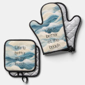 Blue Cream Zee Zand Ocean Waves Ovenwant & Pannenlap Set (Voorkant / Achterkant)