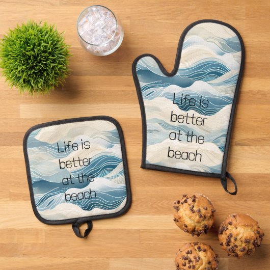Blue Cream Zee Zand Ocean Waves Ovenwant & Pannenlap Set (Top down)