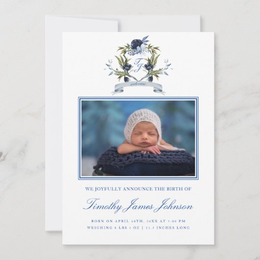 Blue Crest Baby Boy Foto geboortekaart Aankondiging (Voorkant)