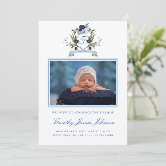 Blue Crest Baby Boy Foto geboortekaart Aankondiging (Staand voorkant)
