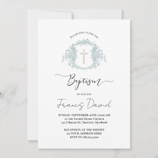 blue crest black script Baptism Invitation Kaart (Voorkant)