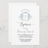 blue crest black script Baptism Invitation Kaart (Voorkant / Achterkant)