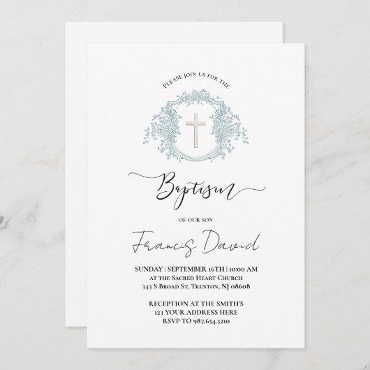 blue crest black script Baptism Invitation Kaart (Voorkant / Achterkant)