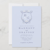 Blue Crest Monogram Bruiloft Kaart (Voorkant)