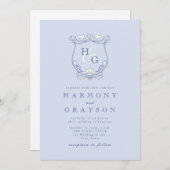 Blue Crest Monogram Bruiloft Kaart (Voorkant / Achterkant)