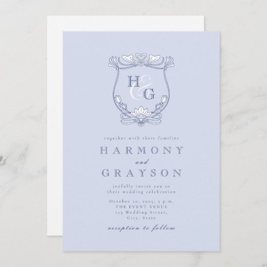 Blue Crest Monogram Bruiloft Kaart (Voorkant / Achterkant)