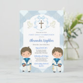 Blue Crest Twins Sailor Boy Eerste Heilige Communi Kaart (Staand voorkant)