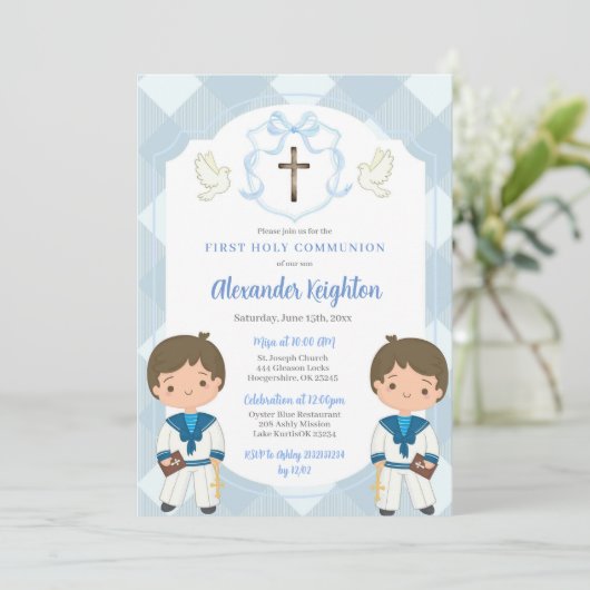 Blue Crest Twins Sailor Boy Eerste Heilige Communi Kaart (Staand voorkant)
