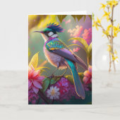 Blue Crested Rainbow Gevleugelde Sunbird Fantasy B Kaart (Gele Bloem)
