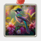 Blue Crested Rainbow Gevleugelde Sunbird Fantasy B Metalen Ornament (Voorkant)
