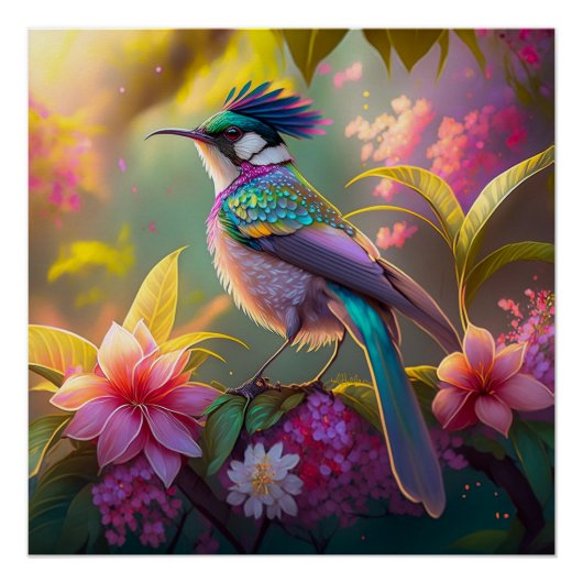 Blue Crested Rainbow Gevleugelde Sunbird Fantasy B Perfect Poster (Voorkant)