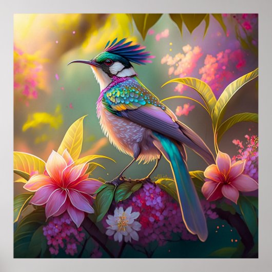 Blue Crested Rainbow Gevleugelde Sunbird Fantasy B Poster (Voorkant)