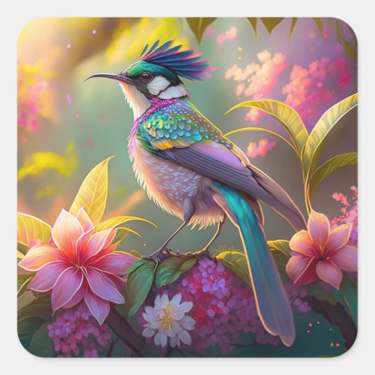 Blue Crested Rainbow Gevleugelde Sunbird Fantasy B Vierkante Sticker (Voorkant)