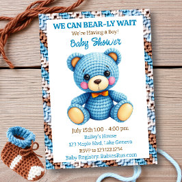 Blue Crocheted Teddy Bear Boy's Baby Shower Kaart
