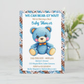 Blue Crocheted Teddy Bear Boy's Baby Shower Kaart (Staand voorkant)