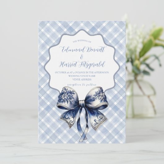 Blue Croquette Bow Invitation Kaart (Staand voorkant)