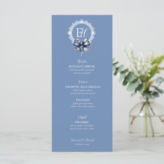 Blue Croquette Geïnspireerd Wedding Menu Kaart (Staand voorkant)