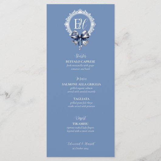 Blue Croquette Geïnspireerd Wedding Menu Kaart (Voorkant)