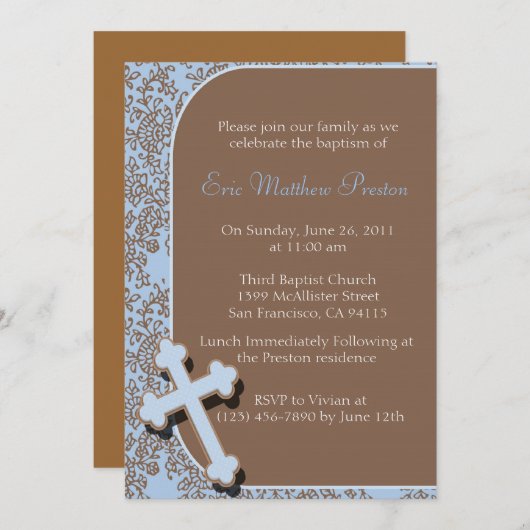 Blue Cross Baptism/Christening Uitnodiging (Voorkant / Achterkant)