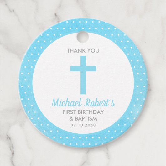 Blue Cross Boy Baptism First Birthday Dank je Bedankjes Labels (Voorkant)