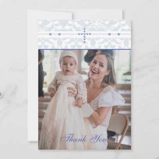 Blue Cross Christian Baptism Photo Thank You Card Bedankkaart (Voorkant)