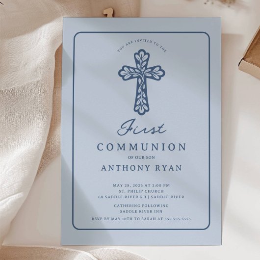 Blue Cross First Communion Invitation Kaart