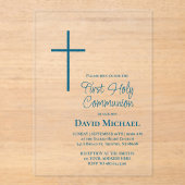 blue cross First Holy Communion boy Acryl Uitnodigingen (Voorkant)