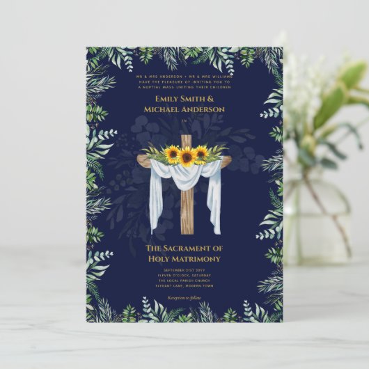 Blue Cross Katholieke Huwelijksmis Bruiloft Kaart (Staand voorkant)