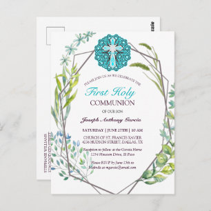 Blue Cross Spring Floral First Heilige Communie Briefkaart