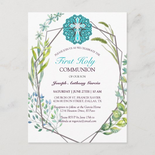 Blue Cross Spring Floral First Heilige Communie Briefkaart (Voorkant)