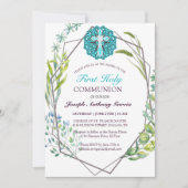 Blue Cross Spring Floral First Heilige Communie Kaart (Voorkant)